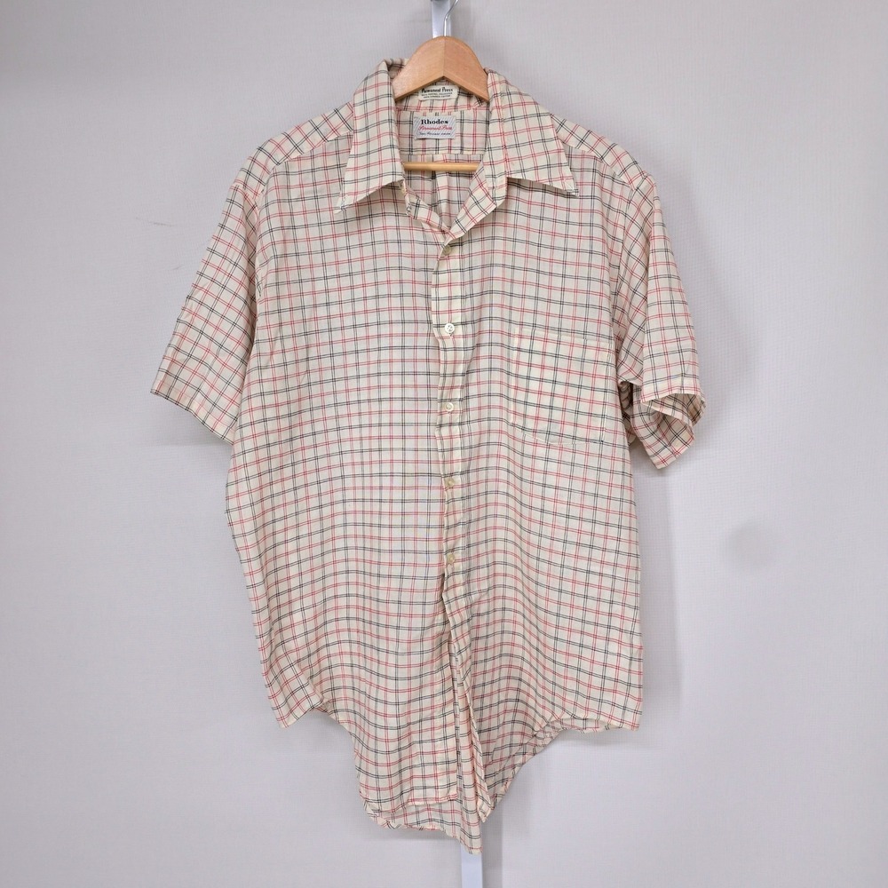Rhodes Permanent Press Mens Vintage 70s Plaid Short Sleeve Button Down Shirt L